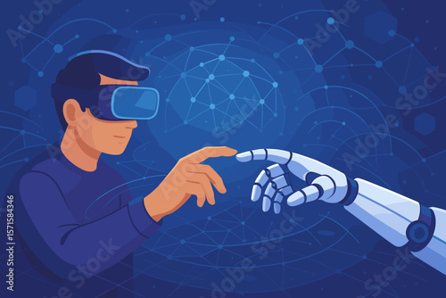Human and Robot Hand Connection in Metaverse Network, Virtual Reality Technology, Digital Transformation, Artificial Intelligence, Futuristic Human-Machine Interaction Concept