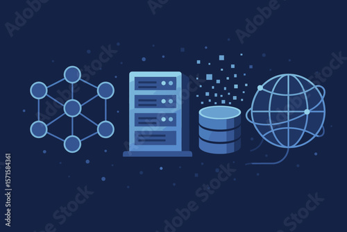 Futuristic network structure, blockchain technology, mainframe server, big data database, global internet connection, digital communication, high tech vector illustration