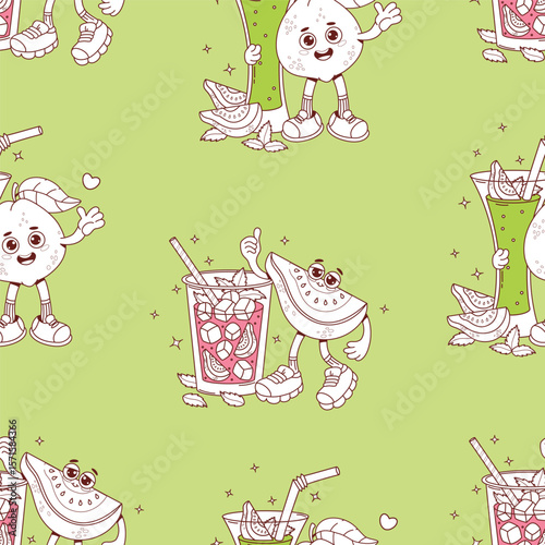 Outline Seamless Pattern. Cute Guava Groovy Character with Drink Cocktail smoothie with Ice cubes and Mint leaves on green Background. Funny happy retro Fruit. Line drawing Vector illustration