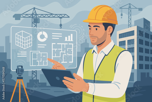 Construction engineer using digital tablet and augmented reality technology at building site. Smart construction, digital planning, industrial innovation, advanced engineering tools