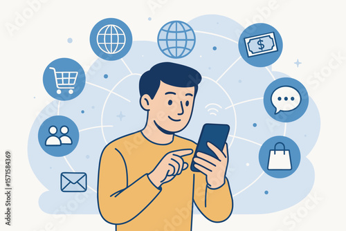 Modern people using smartphones for global communication, online shopping, banking, finance, business, social media, internet connectivity, digital lifestyle, wireless technology