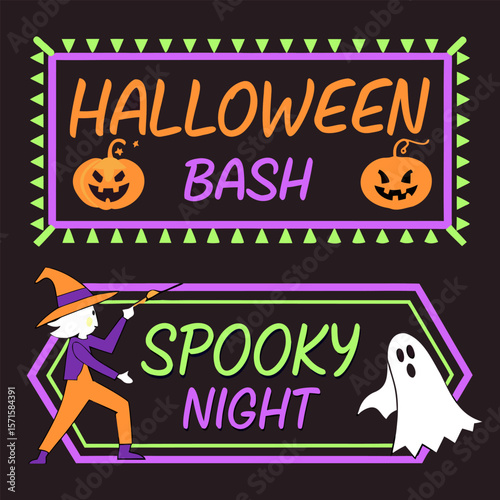 Festive halloween bash and spooky night celebration with cartoon pumpkins a witch casting a spell and a friendly ghost against a dark background