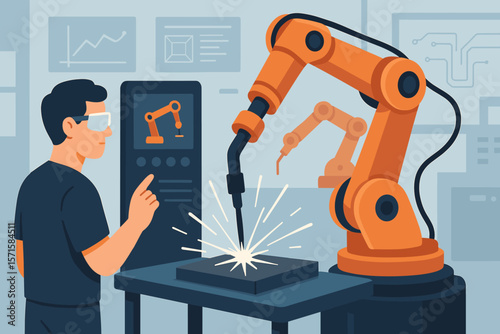 Industrial robotic arm welding metal in smart factory. Automation, digital manufacturing, engineering technology, operator controls, sparks, modern industry vector illustration