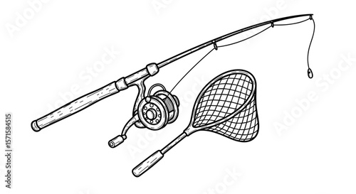 Fisherman's fishing set — fishing rod and net, vintage vector doodle illustration on white

