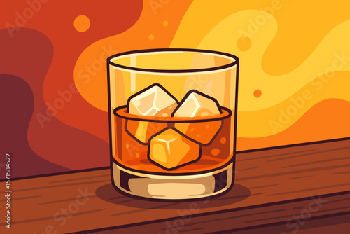 Whiskey bourbon glass with ice cubes on wooden bar table, vibrant colorful abstract background. Modern flat vector cartoon illustration for cocktail, drink, nightlife, party themes