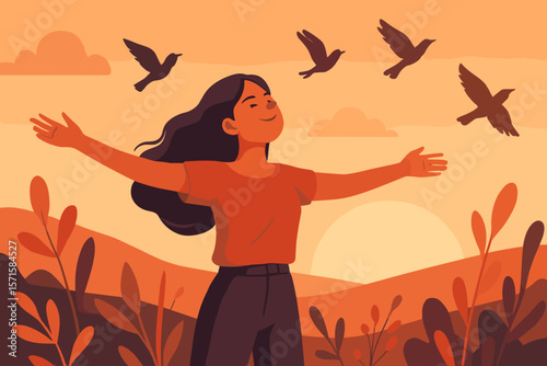 Woman embracing freedom in nature at sunset, arms wide open, flying birds, peaceful landscape, happiness, relaxation, outdoor lifestyle, modern flat vector illustration