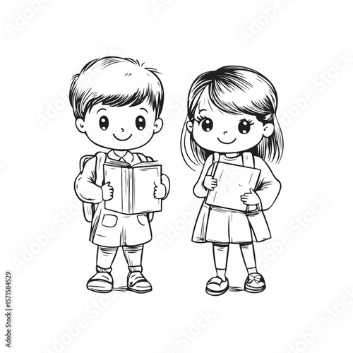 Cute Kid Characters silhouette, Kid Characters holding book vector, Girl and boy, school students vector