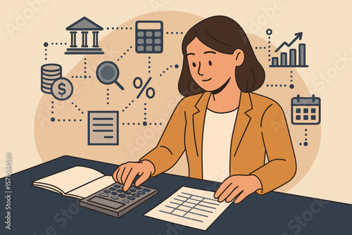 Female accountant using calculator and financial documents, banking icons, data network, finance management, business analysis, accounting, statistics, audit, office concept