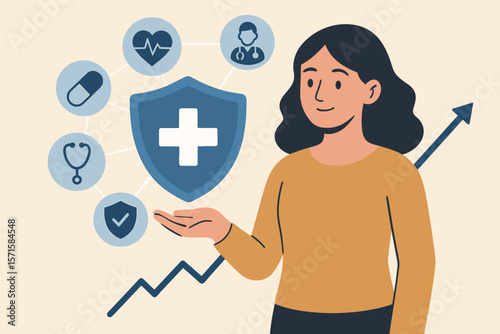 Woman presenting virtual healthcare interface with medical icons, health insurance protection, rising growth chart, wellness awareness, modern life and medical coverage concept