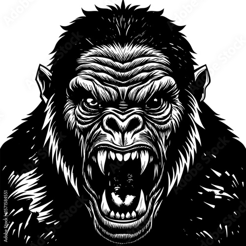 Detailed Angry Gorilla Face Vector Illustration with Muscular and Chiseled Features