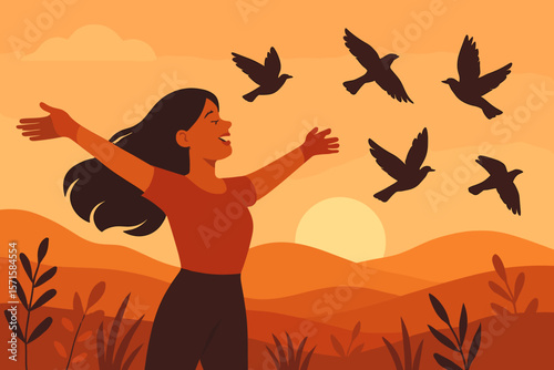 Woman embracing freedom with outstretched arms, birds flying at sunset, peaceful nature landscape, happiness, inspiration, self care, modern flat vector illustration, outdoor wellness