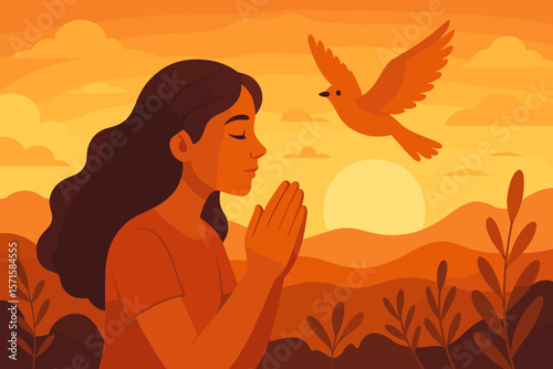 Woman praying hands together at sunset, free bird flying, peaceful nature landscape, hope, freedom, spirituality, mindfulness, modern flat vector illustration, orange tones