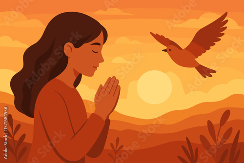 Woman Praying Hands in Peaceful Sunset Landscape with Flying Bird, Spiritual Nature Meditation, Freedom, Hope, Mindfulness, Flat Vector Illustration, Calm Evening Scene