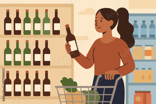 Woman shopping for wine in supermarket aisle, holding bottle, grocery cart with vegetables, flat vector illustration. Alcohol purchase, retail store, modern market concept