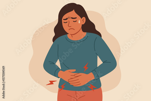 Woman clutching stomach in pain, suffering from abdominal discomfort, stomachache, menstrual cramps, gastritis, ulcer, appendicitis, gastrointestinal disease, healthcare concept
