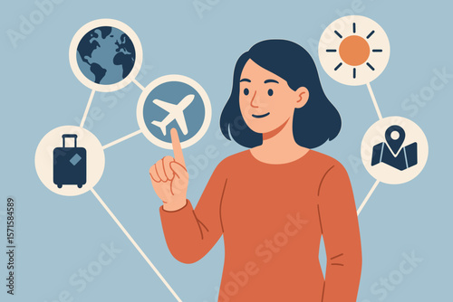 Woman selecting travel icons on virtual screen. Airplane, suitcase, globe, map, sun. Online booking. Modern flat vector. Travel planning, vacation, tourism, digital network concept.