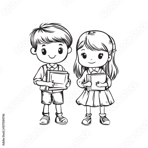 Cute Kid Characters silhouette, Kid Characters holding book vector, Girl and boy, school students vector