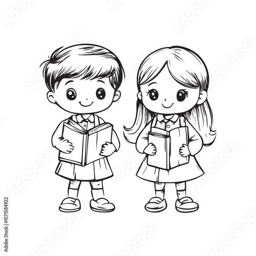 Cute Kid Characters silhouette, Kid Characters holding book vector, Girl and boy, school students vector