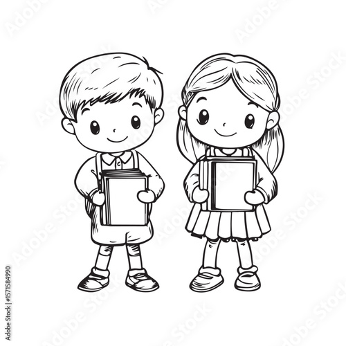 Cute Kid Characters silhouette, Kid Characters holding book vector, Girl and boy, school students vector