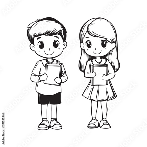 Cute Kid Characters silhouette, Kid Characters holding book vector, Girl and boy, school students vector