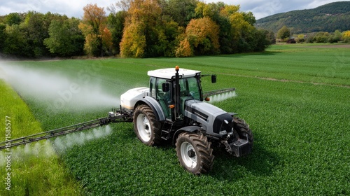 A tractor sprays water on pyramid-shaped potato fields, showcasing vibrant green sprouts against a sunset-lit backdrop