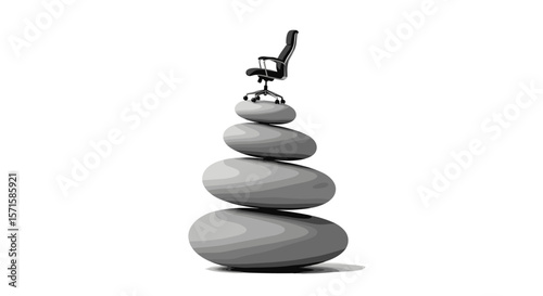 Office chair on stacked stones minimal black and white illustration