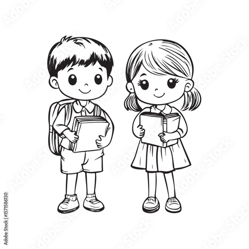 Cute Kid Characters silhouette, Kid Characters holding book vector, Girl and boy, school students vector