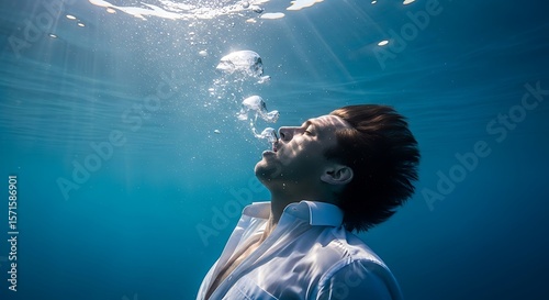 Man underwater with bubbles in deep blue ocean water and bright sun rays.