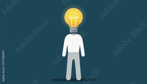 Surreal illustration of a human figure with a glowing lightbulb as a head