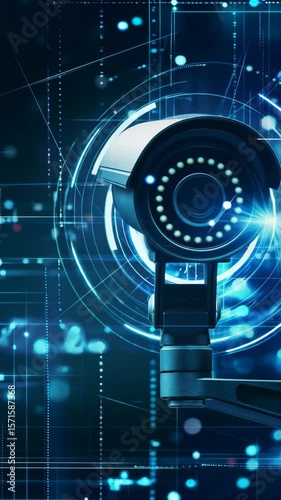 Security camera with digital data and lines. Concept of smart home safe system, internet of things.