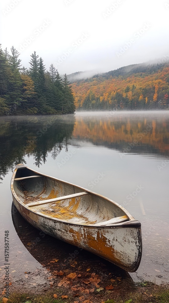 Fototapeta premium Canoe on misty autumn lake