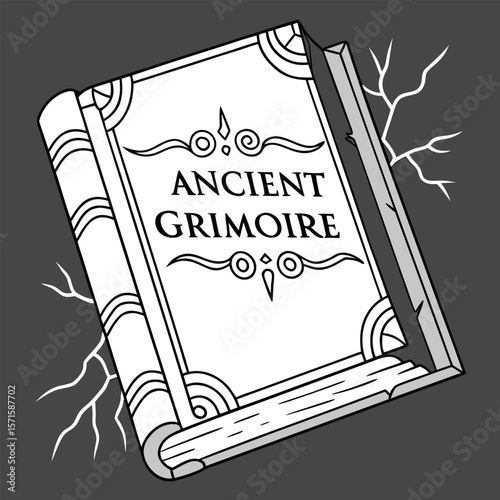 Illustration of an ancient grimoire book with decorative elements and tree branches on a gray background