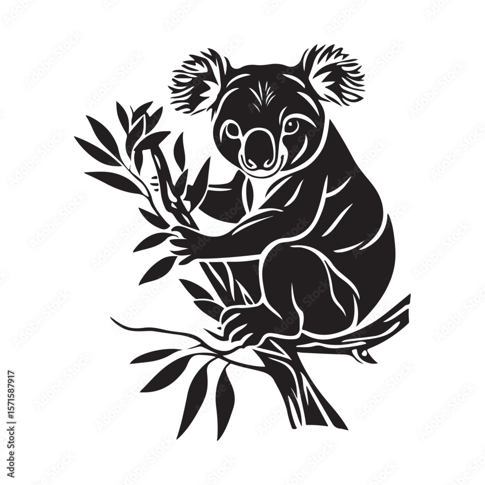 Obraz premium Cute Koala silhouette, Cute Koala vector, Koala black vector illustration, vector black color silhouette solid white background, Majestic koala silhouette for digital design