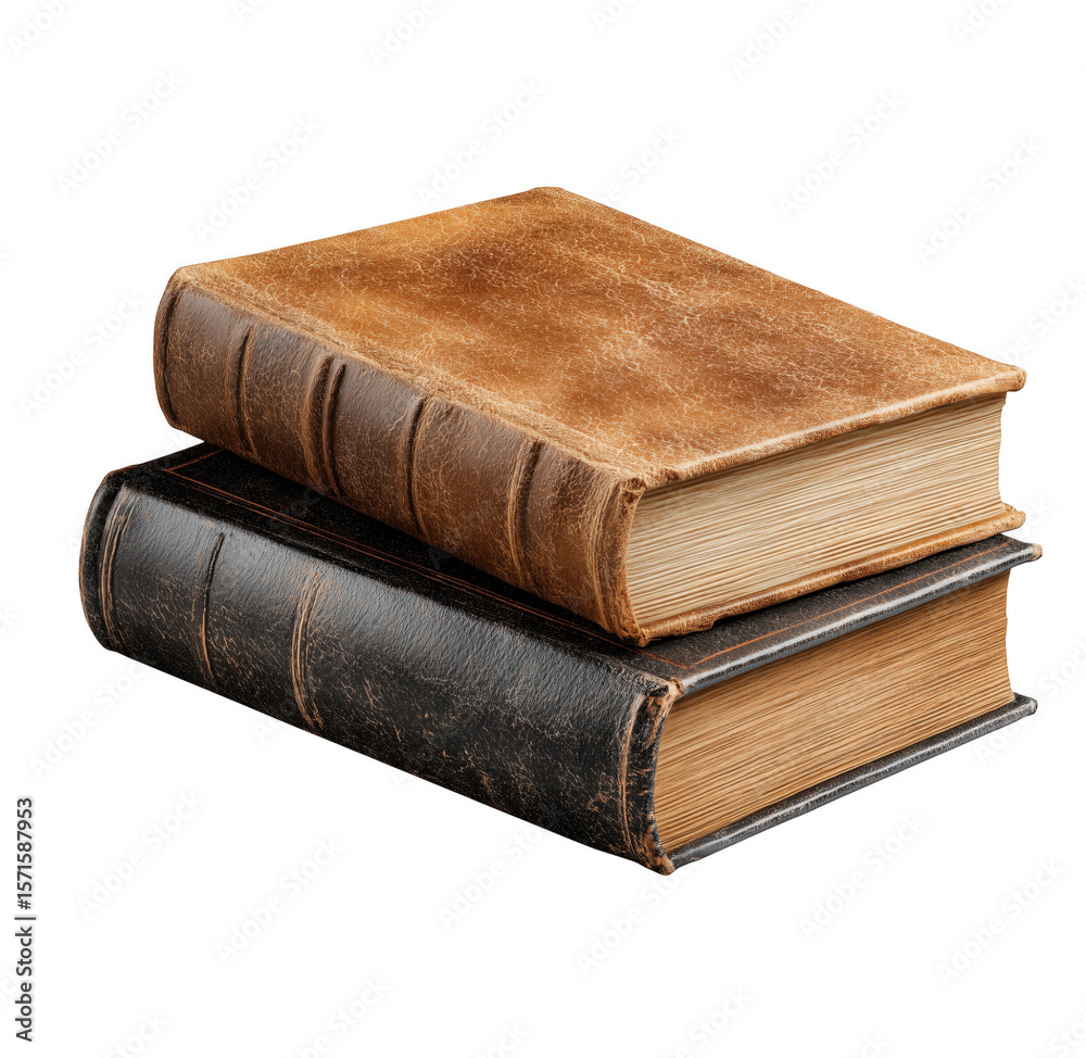 Obraz premium Stack of antique leather bound books with golden edges on a black background