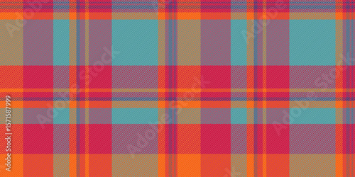 Vibrant, seamless plaid pattern in bold orange, teal, and pink hues.  Perfect for textile design, fashion, website backgrounds, or any project needing a cheerful, energetic texture.