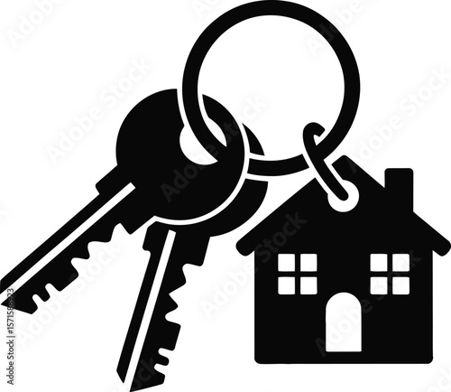 A simple, black and white graphic depicting a set of house keys attached to a house keychain.