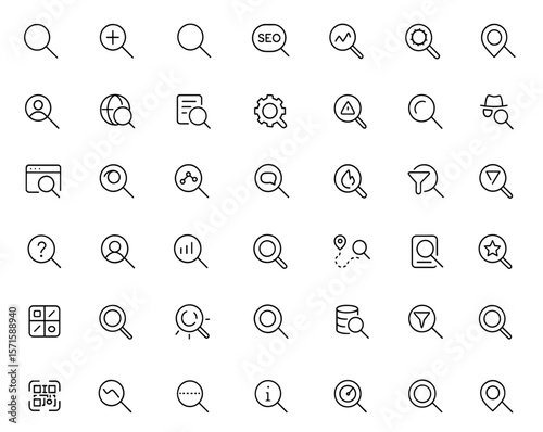 Editable stroke search line icon set, magnifying glass, find, research, SEO, investigate, exploration, analysis, monitor, inspect, discover, vector illustration, symbol, interface, UI, tool, magnifier