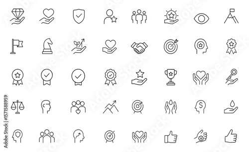 Values editable line icon set, vector illustration, editable stroke, business ethics, principles, integrity, leadership, teamwork, motivation, success, strategy, growth, concept, symbol
