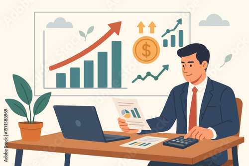 Businessman analyzing financial data and calculating growth for long-term investment. Company profitability with positive indicators. Digital graph and success strategy.