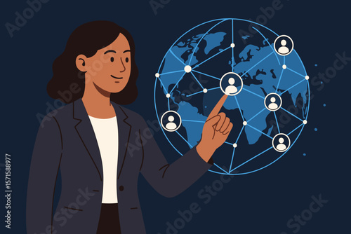 Business woman touching a global network structure. International business connection, data exchange, social media marketing, and customer relations. Flat vector illustration.