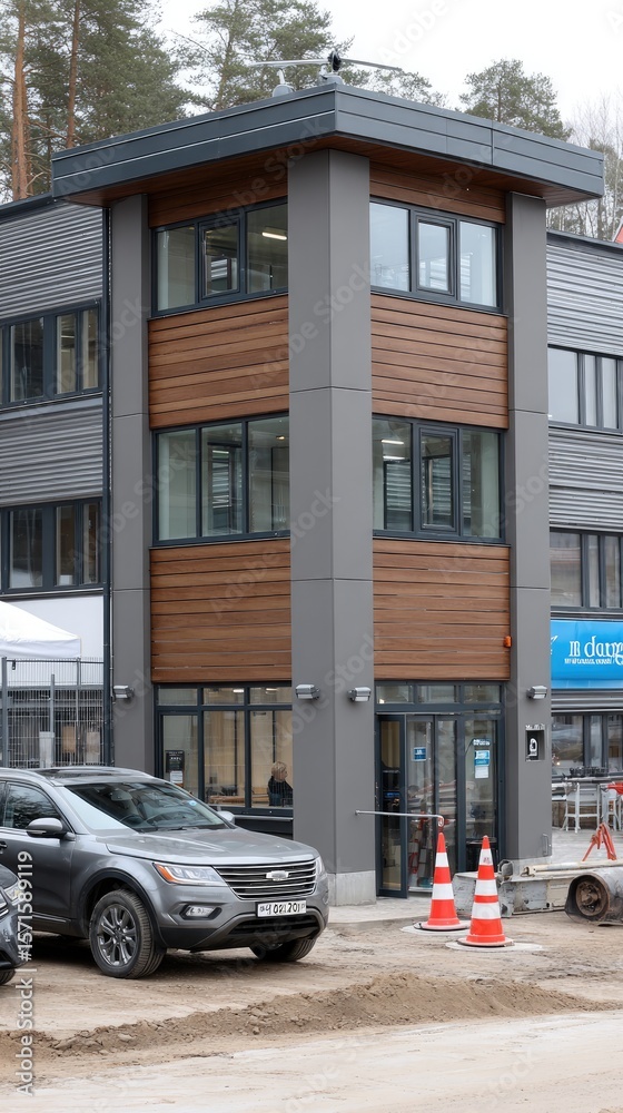 Naklejka premium Concrete and wood watchtower features four floors and stunning views, blending modern design with natural surroundings in autumn hues