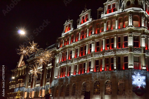 Lights and colours on buildings in London at night