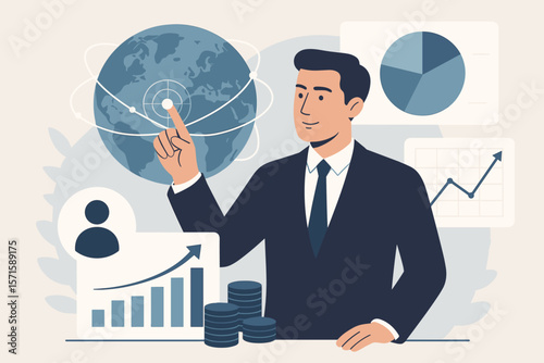 Businessman touching global network analyzing sales data. Customer finance and economic concept. Strategy and planning for growth and success. Modern flat vector illustration.