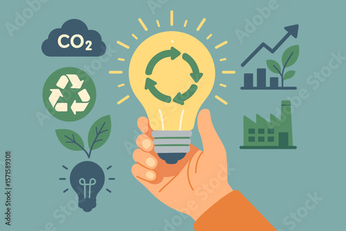 Circular economy concept. Hand holding light bulb with recycling arrows. Energy consumption, CO2 emissions, sustainable business growth, reuse, recycling, eco-friendly industry, green innovation