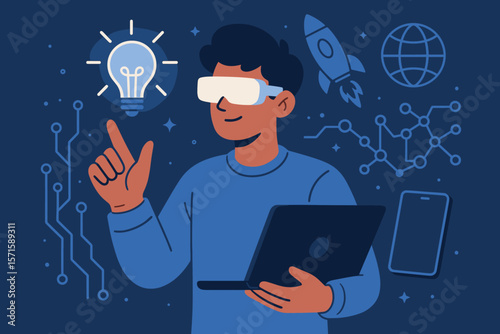 Chief engineer innovating global data center networking, connecting mainframe server room, cloud storage, internet business, digital transformation, technology concept illustration