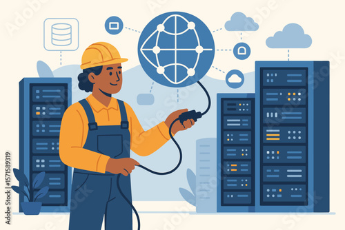 Data Center Engineer Connecting Global Network Infrastructure, Server Room Storage, Cloud Computing, Internet Data Transfer, IT Business Technology, Modern Flat Vector Illustration