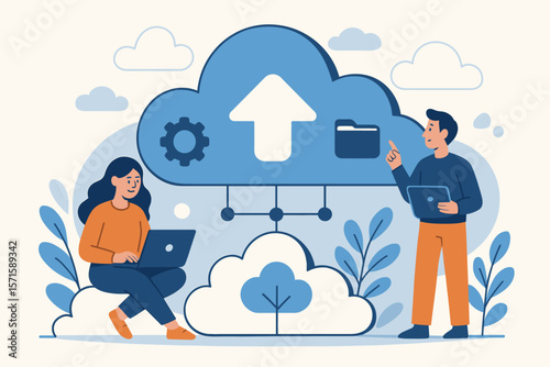 Cloud Computing Data Storage Collaboration. Teamwork Upload Download Files. Digital Technology, Online Backup, File Sharing, Cloud Service, Remote Access, Network Security, Office Workflow