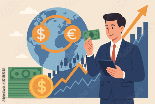Global currency exchange and financial market growth concept. Businessman holding cash, analyzing stock market, banking, profit, dollar euro symbols, world economy