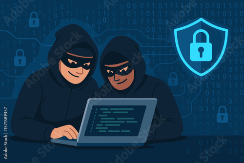 Cyber attack teamwork, hackers in hoodies using laptop with code, binary matrix background, internet crime, cyber security threat, digital data breach, online hacking concept