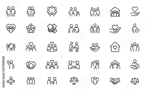 Community editable line icon set, social network, people group, friendship bonds, diversity unity, teamwork collaboration, solidarity outreach, human connections, vector illustration.